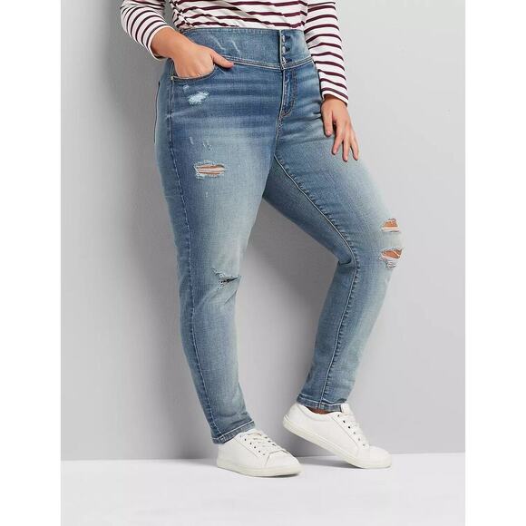 Lane Bryant sz 14 button front distressed high rise jeggings flex Magic WJ158 - Picture 1 of 6